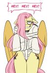  bags_under_eyes cutie_mark equid equine female fluttershy_(mlp) friendship_is_magic hair hasbro looking_at_viewer mammal my_little_pony pegasus pink_hair redxbacon restraints shed.mov simple_background smile straitjacket white_background wings 