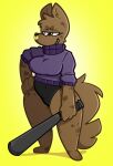  2019 anthro bat_(object) belly black_clothing breasts brown_body brown_fur brown_hair brown_tail clothing dogfluid facial_piercing female fur hair hi_res holding_bat holding_object hyena mammal markings multicolored_body multicolored_fur navel nose_piercing nose_ring paws piercing purple_clothing ring_piercing smile solo spots spotted_markings tail teeth thick_thighs two_tone_body two_tone_fur 