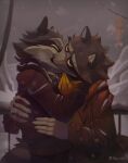 2023 anthro backbone_(game) biped blush clothed clothing detailed_background duo embrace eyes_closed hi_res howard_lotor hug kissing larry_(backbone) male male/male mammal outside procyonid raccoon scarf srfennec sweater topwear 