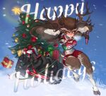  2020 absurd_res anthro antlers bottomwear breasts brown_body brown_fur brown_tail capreoline christmas christmas_tree clothed clothing deer english_text female fur hi_res holidays hooves horn humanoid_face mammal mcjoajoa plant red_bottomwear red_clothing red_topwear reindeer tail text tire topwear tree unguligrade 