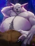  2023 3:4 anthro belly big_belly black_nose blizzard_entertainment blue_eyes bottomwear bulge canid chubby_anthro chubby_male claws clothed clothing fangs finger_claws fingers fur hair hi_res humanoid_hands male mammal musclegut np4tch pants pubes signature smile solo teeth topless topless_anthro topless_male warcraft were werecanid white_body white_fur white_hair worgen 