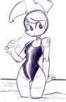  arm_support beverage clothing female greyscale humanoid jenny_wakeman looking_aside machine monochrome my_life_as_a_teenage_robot nickelodeon not_furry one-piece_swimsuit partially_submerged pigtails robot sketch solo swimming_pool swimwear teelokay water wet wide_hips 