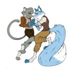  ambiguous_gender anthro bottomwear canid canine citrine_(hypnocatto) clothing domestic_cat duo felid feline felis foot_wraps fox hand_holding hyuei looking_at_viewer mammal shorts wraps 