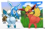  anthro anus back_boob beady_eyes big_butt black_eyes blue_body blue_eyes blue_fur blush blush_lines breasts building butt canid detailed_background dipstick_limbs duo eeveelution eyelashes female flareon fur generation_1_pokemon generation_4_pokemon genitals glaceon grass head_tuft house lewdpunch looking_at_viewer looking_back looking_back_at_viewer mammal nintendo nude one_eye_closed open_mouth open_smile plant pokemon pokemon_(species) pussy rear_view red_body red_fur short_stack smile snow summer thick_thighs tree tuft twerking wide_hips wink winking_at_viewer winter yellow_body yellow_fur 