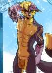  anthro bath bathing canid canine canis eidrew fan_character fur genitals hi_res lengey male mammal muscular muscular_male nude penis shower solo tongue tongue_out water wet wolf yellow_body yellow_fur 