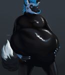  anthro artist_name belly big_belly black_body black_fur black_nose blue_body blue_eyes blue_fur blue_hair blue_tongue bodily_fluids canid clothed clothing drooling front_view fur glistening glistening_eyes hair hi_res holding_belly huge_belly latex licking licking_lips licking_own_lips male mammal portrait roobin rubber rubber_clothing rubber_suit saliva simple_background solo standing teeth three-quarter_portrait tongue tongue_out vore 