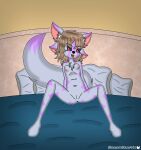  absurd_res anthro bed bedroom biomechanical blossomblaze canid canine canis chest_fur fan_character female flat_chested freckles furniture genitals hair hands_behind_back hi_res humanoid long_ears long_tail looking_at_viewer mammal nipples nude open_mouth pose pussy short_hair smile smiling_at_viewer solo spread_legs spreading tail wolf young 