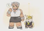  anthro clothing duo eyewear fur goggles gomeisa grey_hair hair hi_res humanoid igarashi_ta lifewonders live_a_hero male muscular muscular_male pecs procy short_stack size_difference topwear vest yellow_body yellow_fur 