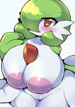  areola big_breasts blush breasts featureless_crotch female gardevoir generation_3_pokemon hand_on_breast hi_res humanoid looking_at_viewer nekoyuu nintendo nipples non-mammal_nipples not_furry nude pink_areola pink_nipples pokemon pokemon_(species) red_eyes simple_background solo thick_thighs white_background white_body 