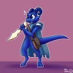  1:1 anthro bag blue_body blue_eyes blue_scales bone cape cloak clothing curved_horn dagger digitigrade female female_focus frill_(anatomy) hi_res horn kobold melee_weapon nervous nicole_drac&#039;lily scales scalie sketchy-replies solo tail viv weapon 