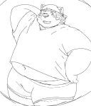  anthro bandanna belly belly_tuft blush bulge canid canine canis clothing domestic_dog eyebrows hi_res kerchief lifewonders live_a_hero male mammal metaporin mokdai monochrome one_eye_closed overweight sketch solo thick_eyebrows tuft underwear wink 