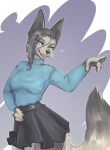  2023 absurd_res anthro black_bottomwear black_clothing black_nose black_skirt blue_clothing blue_eyes blue_topwear bottomwear breasts canid cheek_tuft clothing facial_tuft female fur gesture grey_body grey_fur hand_on_hip hi_res mammal open_mouth open_smile skirt smile solo standing topwear tuft yshanii 