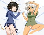  animal_ears armpits ass barefoot black_hair blue_eyes brown_eyes cat_ears feet giuseppina_ciuinni grin long_hair looking_back lowleg lowleg_panties lying multiple_girls no_pants panties ryuu-tan_(miuron) sakomizu_haruka school_swimsuit school_uniform serafuku short_hair silver_hair sketch smile swimsuit swimsuit_under_clothes tail underwear world_witches_series 