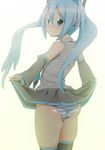  aburisamon aqua_eyes aqua_hair ass blush hatsune_miku long_hair looking_at_viewer looking_back md5_mismatch panties simple_background skirt skirt_lift solo striped striped_panties tears thighhighs twintails underwear vocaloid white_background 