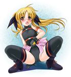  bad_id bad_pixiv_id blonde_hair boots bow fate_testarossa gloves hair_bow kakiko leotard long_hair lyrical_nanoha mahou_shoujo_lyrical_nanoha open_mouth red_eyes solo thighhighs twintails very_long_hair 