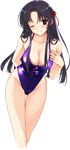  black_eyes black_hair blush breasts cleavage highres koga_sayoko large_breasts long_hair misaki_kurehito one-piece_swimsuit one_eye_closed solo suiheisen_made_nan_mile? swimsuit thigh_gap transparent_background 