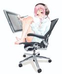  absurdres bad_id bad_pixiv_id barefoot chair drawing drawing_tablet feet feet_on_chair headphones highres leg_hug legs naked_shirt no_bra office_chair open_clothes open_shirt original painttool_sai pink_eyes pink_hair recursion satou_kou shirt sitting solo stylus wacom 