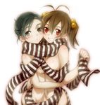  :&lt; abec antenna_hair bangs blush breast_press breasts brown_hair commentary_request eyebrows_visible_through_hair from_side green_eyes green_hair grin hair_between_eyes hair_bobbles hair_ornament hug large_breasts looking_at_viewer medium_breasts multiple_girls murata-san naked_scarf nude original red_eyes scarf shared_scarf simple_background smile striped striped_scarf symmetrical_docking umezu-san underboob yuri 