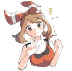  ! 1girl blush bow breasts brown_eyes cleavage clenched_hand collarbone creatures_(company) cropped_torso eyebrows_visible_through_hair game_freak hair_bow haruka_(pokemon) head_tilt looking_at_viewer medium_breasts nintendo pokemon pokemon_(game) pokemon_oras red_bow red_shirt ririmon shirt simple_background sleeveless sleeveless_shirt smile solo striped striped_bow w white_background 