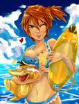  beach bikini breasts cloud day food gen_1_pokemon gen_3_pokemon heart kasumi_(pokemon) large_breasts lips navel objectification ocean one_eye_closed outdoors pokemon pokemon_(creature) popsicle psyduck red_hair side_ponytail sky spheal spoken_heart suikuro surfboard swimsuit tears themed_object water 