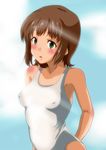  amami_haruka bad_id bad_pixiv_id blush breasts brown_hair covered_nipples green_eyes highres idolmaster idolmaster_(classic) noa_p one-piece_swimsuit school_swimsuit short_hair small_breasts solo swimsuit white_school_swimsuit white_swimsuit 