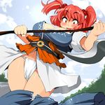  ario blush breasts cleavage fundoshi hair_bobbles hair_ornament japanese_clothes large_breasts onozuka_komachi red_eyes red_hair scythe solo touhou two_side_up wardrobe_malfunction 