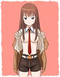  areolae blue_eyes breasts brown_hair kamimiya large_breasts long_hair makise_kurisu necktie no_bra no_legwear open_clothes open_shirt red_neckwear shirt shorts solo steins;gate 