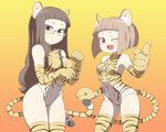  animal_ears animal_print bare_shoulders breasts brown_eyes brown_hair claws covered_nipples elbow_gloves glasses gloves ken_(koala) long_hair medium_breasts multiple_girls one_eye_closed open_mouth original paws short_hair small_breasts striped striped_legwear tail thighhighs thighs tiger_ears tiger_paws tiger_print tiger_tail 