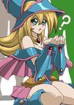 ? bare_shoulders blonde_hair blue_footwear blush_stickers boots breasts cleavage commentary_request dark_magician_girl duel_monster green_eyes kneeling legs long_hair medium_breasts solo straw_(yokubou_hiroba) white_day yuu-gi-ou yuu-gi-ou_duel_monsters 