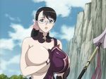  apron black_hair breast_hold breast_slip breasts cap cattleya cliff covering covering_breasts curvy flower glasses hair_ornament huge_breasts milf official_art one_breast_out open_mouth ponytail queen&#039;s_blade queen's_blade screencap sky solo wardrobe_malfunction weapon 