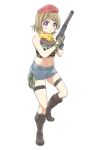 1girl blush boots brown_footwear brown_hair camouflage cutout denim denim_shorts fingerless_gloves full_body gloves green_gloves grey_shorts gun hat highres holding holding_gun holding_weapon knee_boots koizumi_hanayo looking_at_viewer love_live! love_live!_school_idol_project midriff navel parted_lips purple_eyes red_hat scarf short_hair short_shorts shorts simple_background sleeves solo stance standing stomach tetopetesone thigh_strap weapon white_background yellow_scarf 