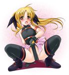  bad_id bad_pixiv_id blonde_hair boots bow fate_testarossa gloves hair_bow kakiko leotard long_hair lyrical_nanoha mahou_shoujo_lyrical_nanoha open_mouth red_eyes solo thighhighs twintails very_long_hair 