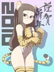  2010 animal_ears animal_print bare_shoulders breasts brown_eyes brown_hair covered_nipples elbow_gloves glasses gloves ken_(koala) long_hair medium_breasts original paws solo striped striped_legwear tail thighhighs thighs tiger_ears tiger_paws tiger_print tiger_tail 