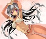 arabian_clothes armband armpits arms_up bandeau belly_chain bracelet breasts cleavage copyright_request covered_nipples dancer dark_skin grey_hair harem_outfit harem_pants highres jewelry large_breasts long_hair midriff nail_polish navel necklace o-ring o-ring_top pants pink_nails purple_eyes revealing_clothes see-through solo underboob yukiwo 
