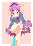  1girl barefoot between_toes blush eyes feet foot_hold hairband implied_footjob komeiji_satori lace lace-trimmed_panties panties purple_eyes purple_hair sen_no_hito. sexually_suggestive short_hair skirt skirt_lift solo thighs touhou underwear white_panties 