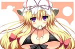  bad_id bad_pixiv_id banned_artist bikini_top blonde_hair blush bow breasts cleavage front-tie_top hat huge_breasts mouth_hold purple_eyes shikano_sumiaki solo touhou yakumo_yukari 