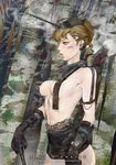  amatiz belt breasts brown_eyes brown_hair cane gloves hat mecha_musume medium_breasts nazi nipples original personification revealing_clothes short_hair smoke solo tank_turret tiger_ii_(personification) topless watermark web_address world_war_ii 