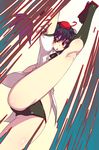  axe_kick black_hair blush geta hat hauchiwa high_kick kicking kneehighs legs looking_at_viewer no_pants open_mouth panties red_eyes shameimaru_aya short_hair socks solo taketora_suzume tengu-geta tokin_hat touhou underwear 