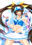  bow brown_hair fingerless_gloves gloves hasumi_eri long_hair midriff miniskirt navel orange_eyes skirt solo thai tonfa twintails un4lord vanguard_princess visor_cap weapon yellow_bow 