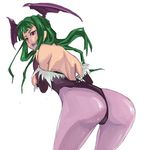  ass bare_shoulders bat_wings breasts demon_girl elbow_gloves feathers fingerless_gloves gloves green_hair head_wings large_breasts leotard lips long_hair morrigan_aensland panties pantyhose purple_eyes sideboob simple_background solo succubus thong underwear vampire_(game) wings zuroo 