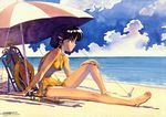  absurdres barefoot beach bikini day feet fushigi_no_umi_no_nadia highres nadia sadamoto_yoshiyuki scuba_tank short_hair solo swimsuit umbrella 