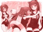  4girls animal_ears annoyed ass bangs bare_shoulders blunt_bangs blush breasts cameltoe cat_ears cat_tail collarbone copyright_name embarrassed flying_sweatdrops frederica_bernkastel furudo_erika heart hug innertube kl lambdadelta large_breasts long_hair monochrome multiple_girls one-piece_swimsuit open_mouth ribbon school_swimsuit shannon short_hair small_breasts smile swimsuit tail tail_ribbon thighhighs umineko_no_naku_koro_ni yuri 