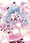  absurdres animal_ears animal_print aqua_hair artist_request ass cat_ears copyright_request glasses highres solo source_request tail thighhighs tiger_ears tiger_print tiger_tail 