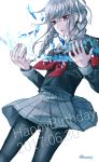  1girl 2018 black_legwear black_shirt braid danganronpa dated glasses grey_sailor_collar grey_skirt happy_birthday highres long_hair long_sleeves miniskirt neckerchief pantyhose pekoyama_peko pleated_skirt rectangular_eyewear red_eyes red_neckwear rimless_eyewear sailor_collar sakuyu school_uniform serafuku shirt silver_hair skirt solo standing super_danganronpa_2 twin_braids twintails twitter_username white_background 