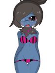  2018 alpha_channel anthro big_breasts black_hair blue_body blush breasts clothed clothing deino dreameclipsewolf eyebrows eyelashes eyewear female glasses hair looking_at_viewer navel nintendo open_mouth pok&eacute;mon pok&eacute;mon_(species) pok&eacute;morph purple_eyes simple_background skimpy solo striped_clothing transparent_background video_games 