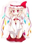  bad_id bad_pixiv_id blonde_hair feet flandre_scarlet foreshortening hat highres legs oouso ponytail pov_feet red_eyes short_hair side_ponytail solo thighhighs touhou wings 