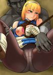  4st_injection bare_shoulders bdsm blonde_hair blue_eyes blush bondage bound bound_wrists breasts cassandra_alexandra gloves hairband imminent_rape large_breasts open_clothes open_shirt panties panties_under_pantyhose pantyhose rope shibari shirt short_hair skirt skirt_lift solo soulcalibur spread_legs underwear 