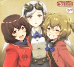  3girls :d bangs black_hair blue_bow blush bow brown_background brown_eyes chika_(kouya_no_kotobuki_hikoutai) copyright_name dated gloves goggles goggles_around_neck goggles_on_head grey_hair grin hair_between_eyes hair_ornament kate_(kouya_no_kotobuki_hikoutai) kirie_(kouya_no_kotobuki_hikoutai) kouya_no_kotobuki_hikoutai logo long_hair long_sleeves looking_at_viewer multiple_girls open_mouth samenoido short_hair simple_background smile standing thick_eyebrows twintails 