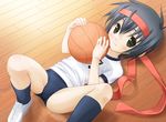  bangs basketball black_buruma black_legwear blush buruma gakuen_kino green_eyes gym_uniform hair_between_eyes headband kino kino_no_tabi kneehighs looking_at_viewer lying on_floor rankei red_headband shirt short_hair smile solo spread_legs white_footwear white_shirt wooden_floor 