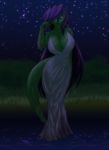  2012 anthro big_breasts breasts cleavage clothed clothing digital_media_(artwork) dress female grass green_skin hair hi_res huge_breasts lizard long_hair long_tail looking_at_viewer night purple_hair reptile scalie solo standing star tongue tongue_out toughset voluptuous water wet 